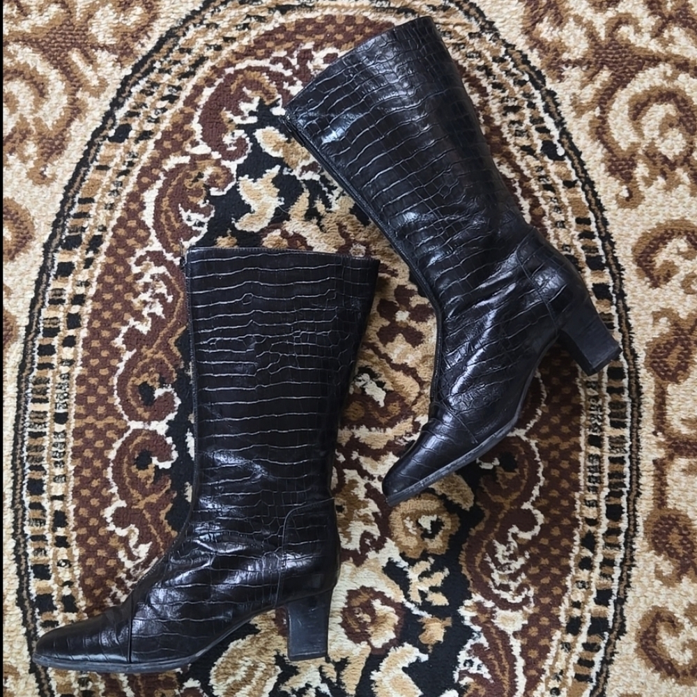 Vintage Black Shiny Leather Gogo Boots With Zipper Retro Van Dal Lizard Pattern